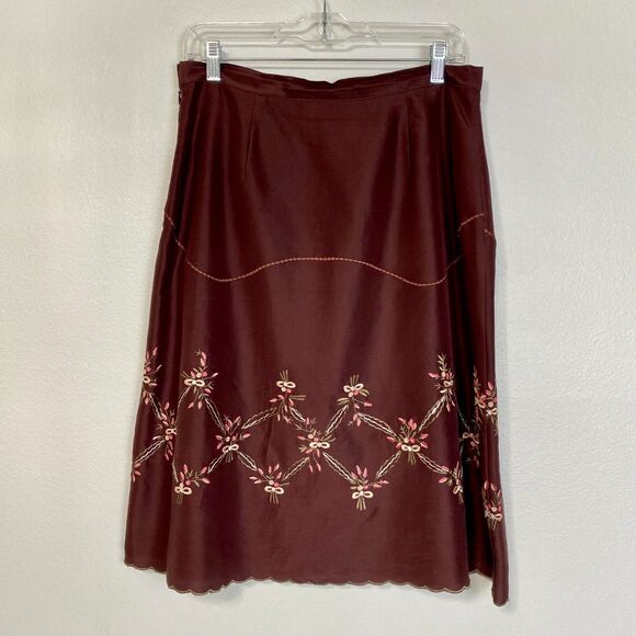John Paul Richard Vintage Burgundy Pink Floral Embroidered Skirt Silk Size 10